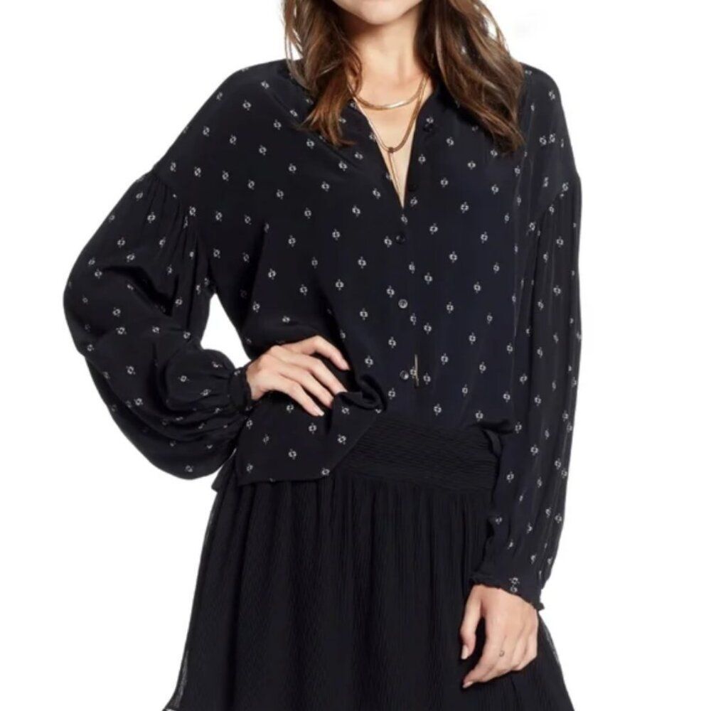 NWT Something Navy Nordstrom Easy Volume Button Down Blouse Black Geo Dot Size S
